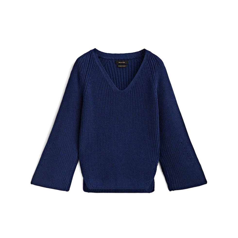 Μπλε πουλόβερ με μανίκια καμπάνα